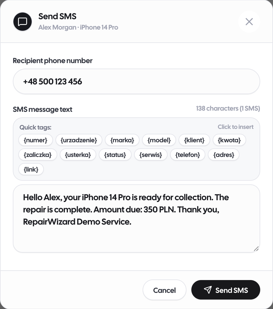 SMS notifications from RepairWizard